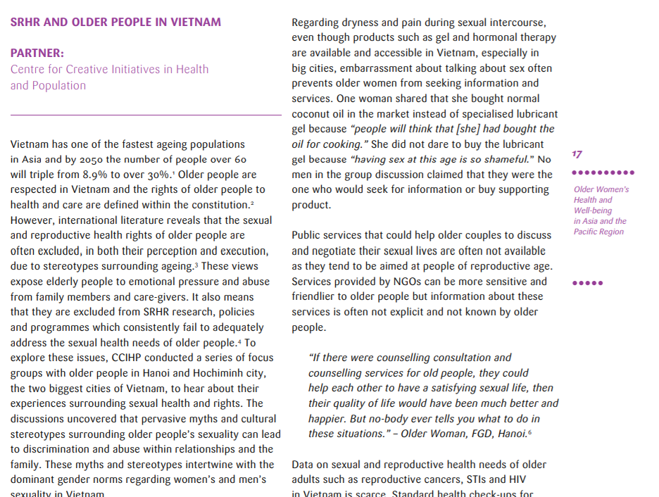The report entitled Older Women's Health and Well-being in Asia and Pacific Region